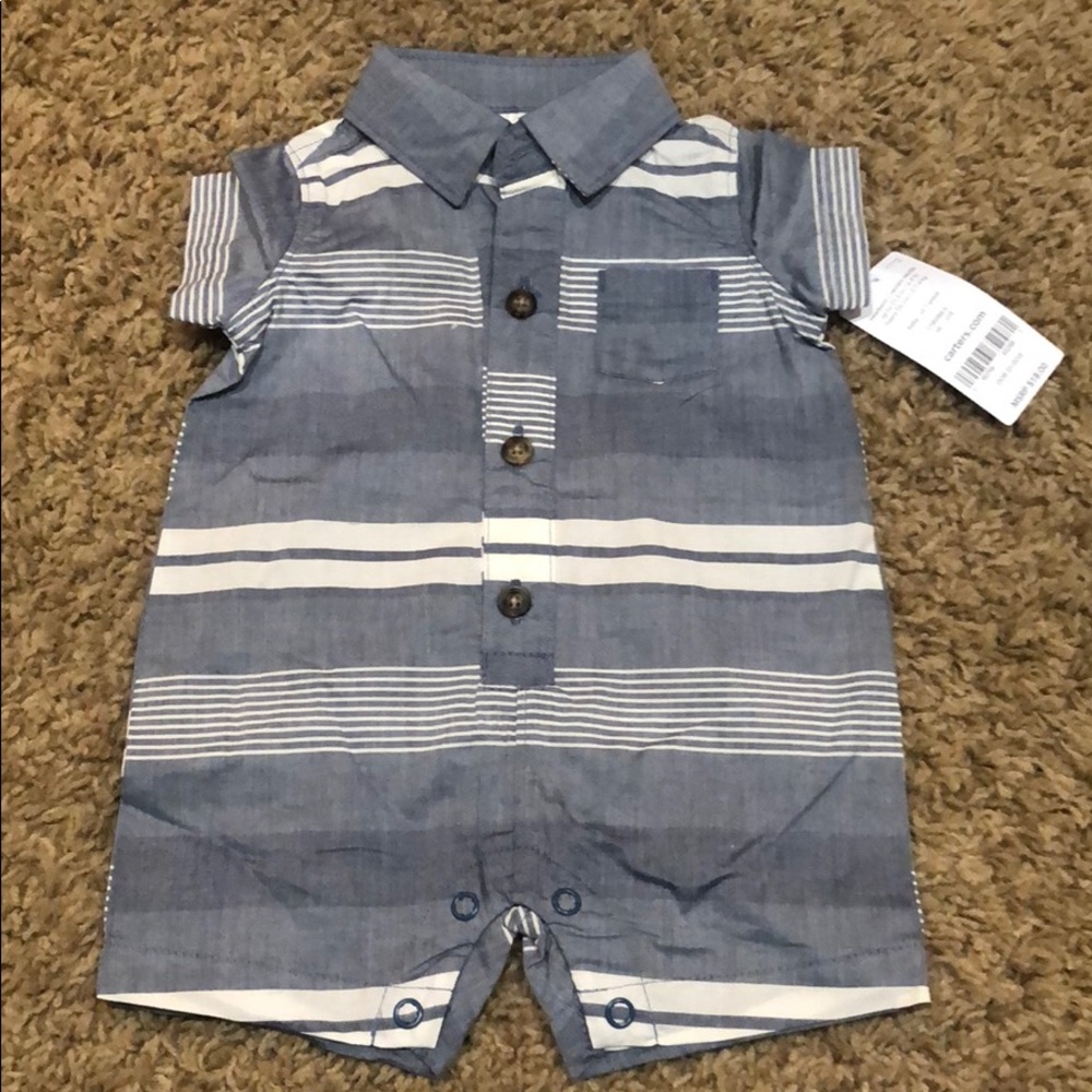 Carters romper newborn blue white baby boy NWT